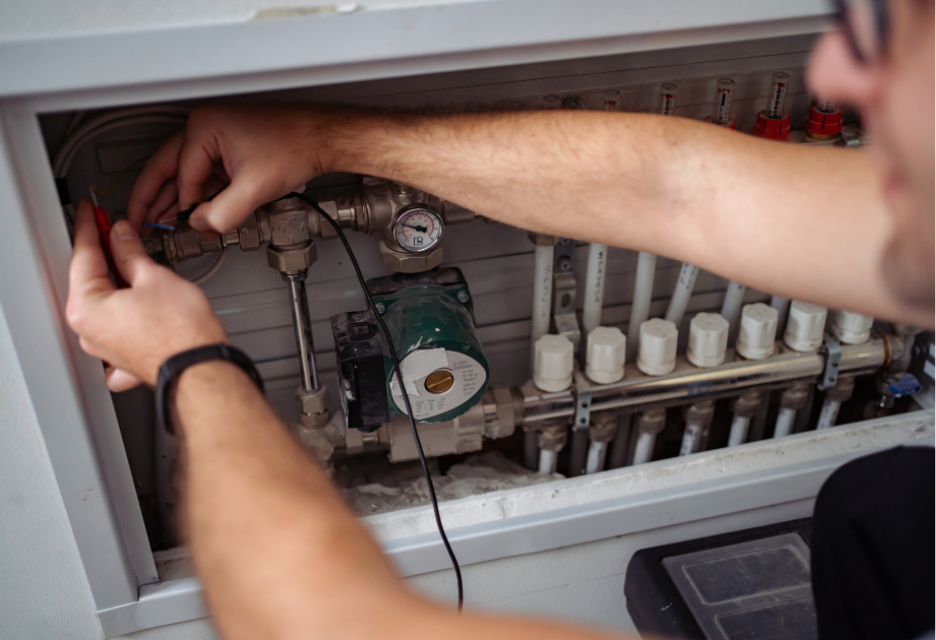 close up view of man repairing heating system inside the wall of a house.  only his arms and the side of his face are visible